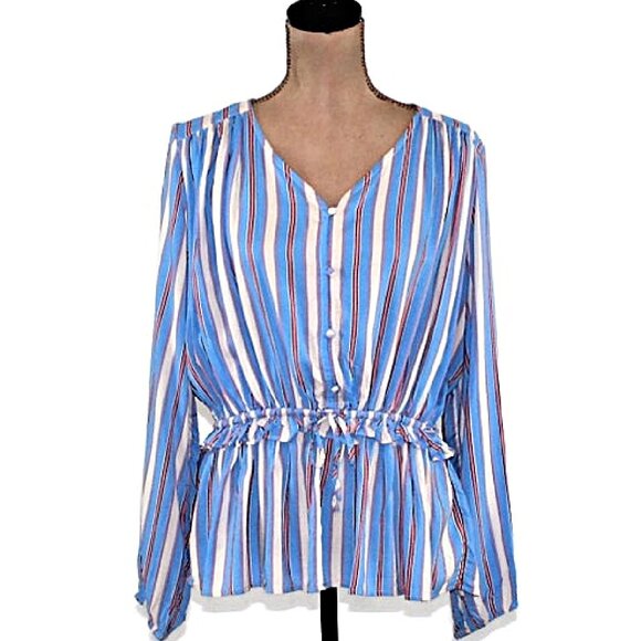 NEW Blue Coral Striped Button Down Drawstring Ruffle Waist Top Blouse Boho $44 - Picture 2 of 8